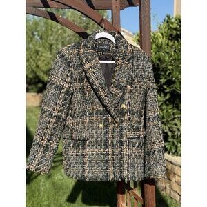 Bachata Women’s Tweed Blazer Jacket Double Breasted Gold Buttons Size M